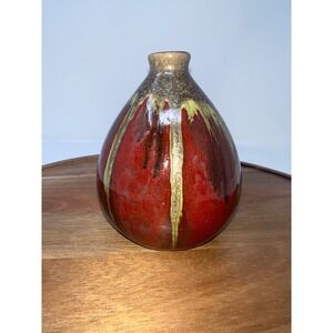 Artisan Ceramic Vase Red Green Drip Glaze Unique Bud Vase